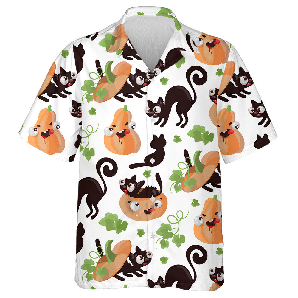 Halloween Cat And Pumpkin With Leaves Hawaiian Shirt, Hawaiian For Gift