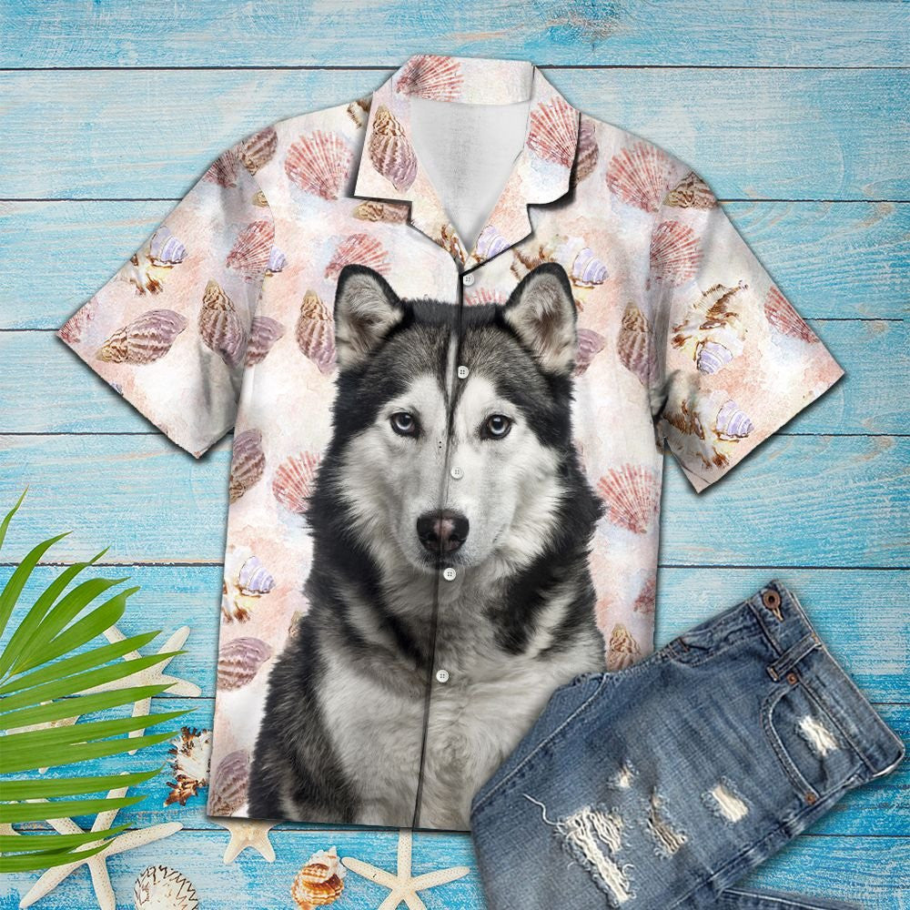 Appealing Seashells And Cute Siberian Husky Pattern Hawaiian Shirt, Hawaiian Shirt Gift, Christmas Gift