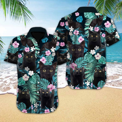 Black Cat Halloween Pattern Illustration Hawaiian Shirt, Hawaiian For Gift