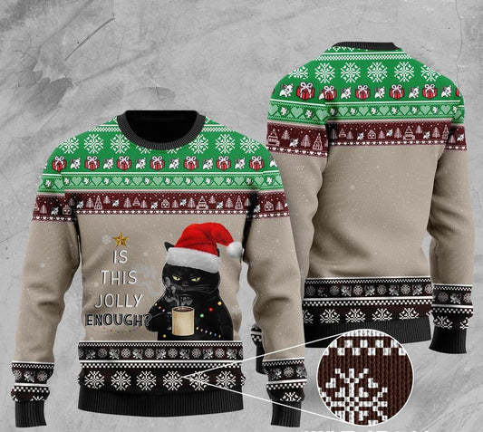 Christmas Black Cat With Coffee Is This Jolly Enough Ugly Christmas Sweater, Christmas Ugly Sweater,Christmas Gift,Gift Christmas 2022