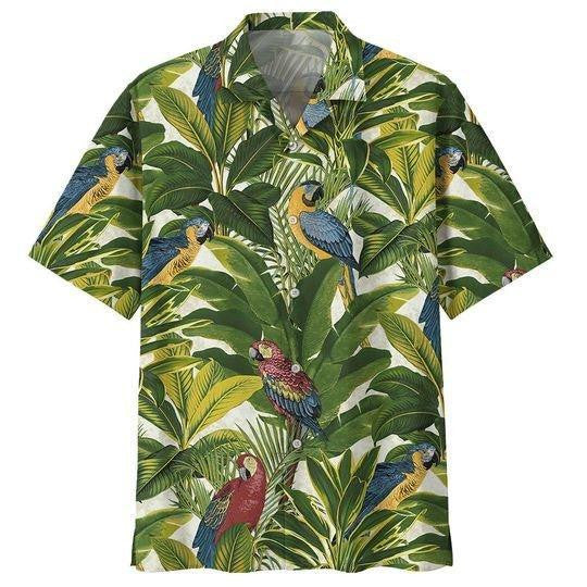 Parrot On Green Leaves Design Hawaiian Shirt, Hawaiian Shirt Gift, Christmas Gift