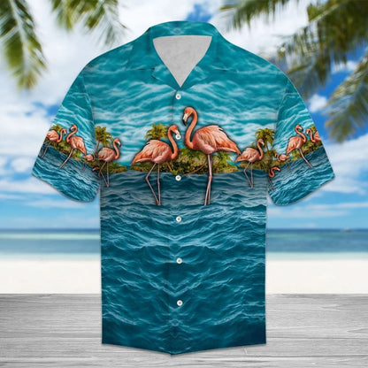 Appealing Flamingo Group Deep Blue Ocean Pattern Hawaiian Shirt, Hawaiian Shirt Gift, Christmas Gift
