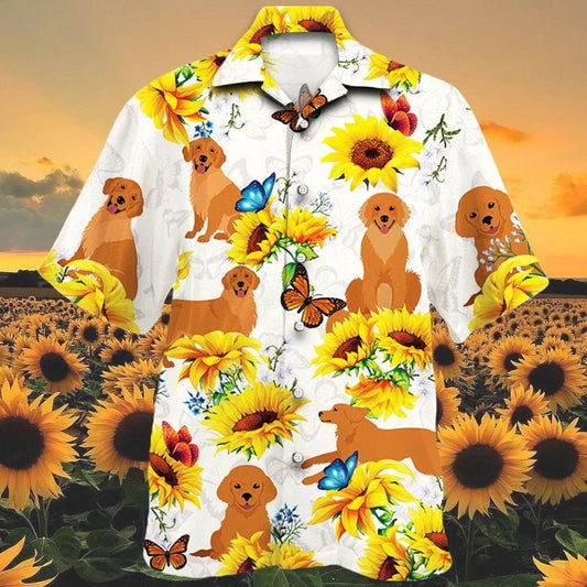 Golden Retriever Dog Playing With Sun Flower And Butterfly Hawaiian Shirt, Hawaiian Shirt Gift, Christmas Gift