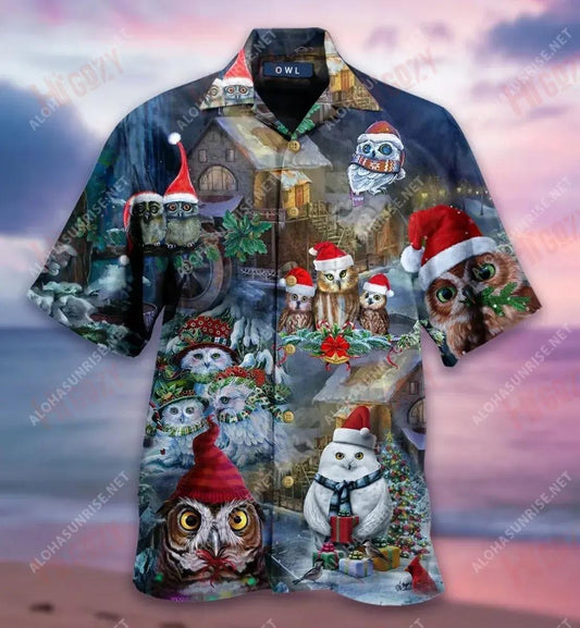 Here Comes The Night Owl Christmas Short Hawaiian Shirt Vacation Hawaiian T Shirts Custom Hawaiian Shirts Hawaiian Shirt Pattern, Hawaiian Shirt Gift, Christmas Gift