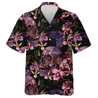 Spring Theme Embroidery Skull Butterflies And Pink Orchid Hawaiian Shirt, Hawaiian Shirt Gift, Christmas Gift