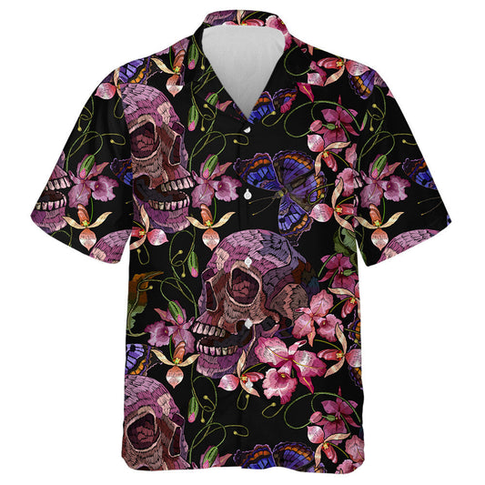 Spring Theme Embroidery Skull Butterflies And Pink Orchid Hawaiian Shirt, Hawaiian Shirt Gift, Christmas Gift