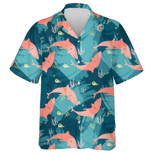 Sea Life Of Orange Shark Pattern On Blue Background Hawaiian Shirt, Hawaiian Shirt Gift, Christmas Gift
