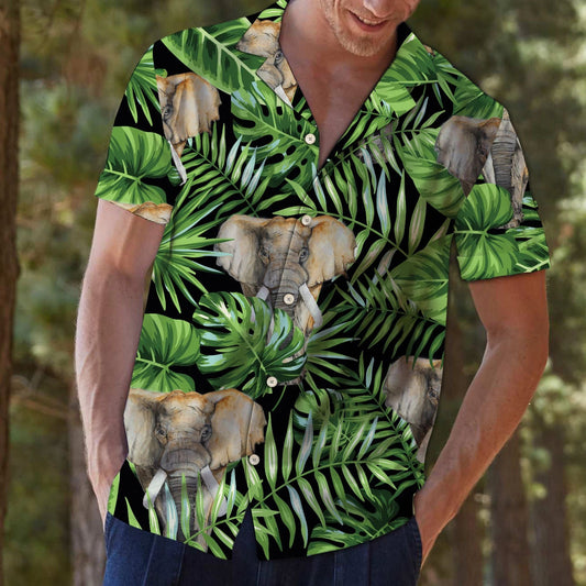 Deluxe Elephant Green Tropical Leaves Hawaiian Shirt,Hawaiian Shirt Gift, Christmas Gift