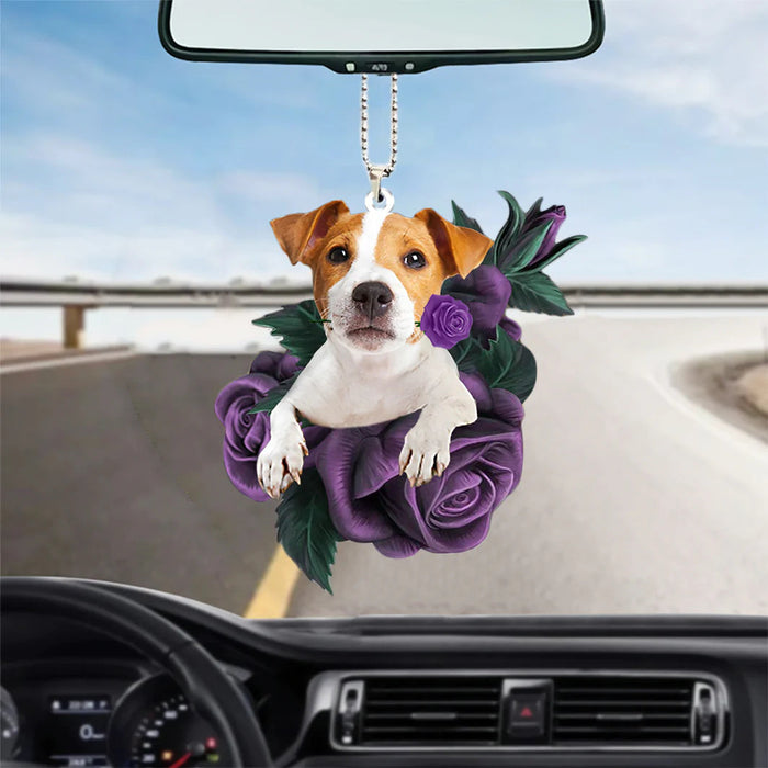 Jack Russell Terrier In Purple Rose Car Hanging Ornament, Christmas Decoration