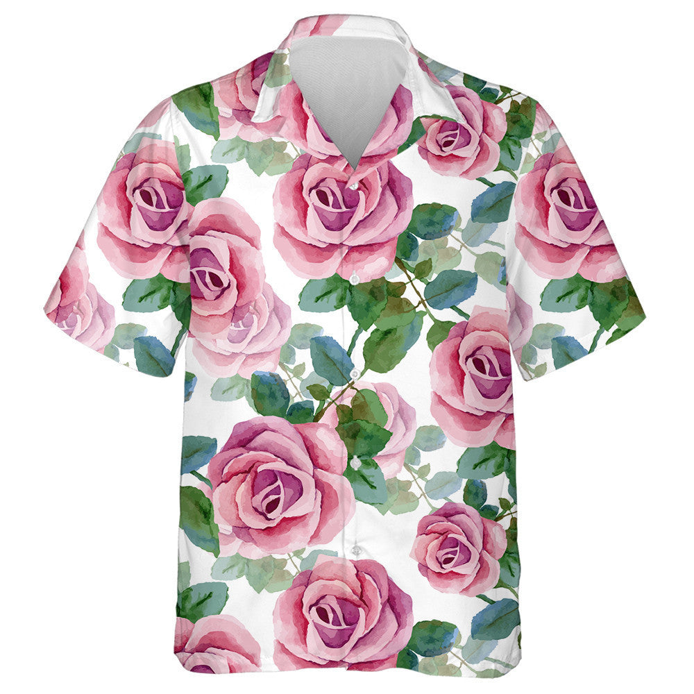 Watercolor Painting Pink Roses And Green Leaves Pattern Hawaiian Shirt, Hawaiian Shirt Gift, Christmas Gift