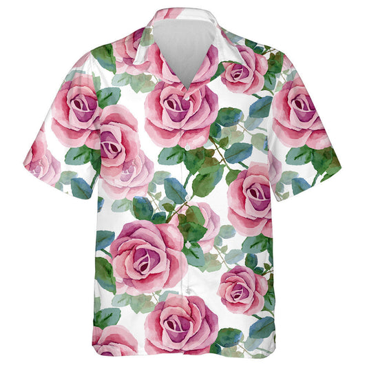 Watercolor Painting Pink Roses And Green Leaves Pattern Hawaiian Shirt, Hawaiian Shirt Gift, Christmas Gift