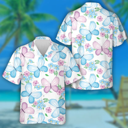 Theme Butterfly And Small Flowers On White Background Hawaiian Shirt, Hawaiian Shirt Gift, Christmas Gift