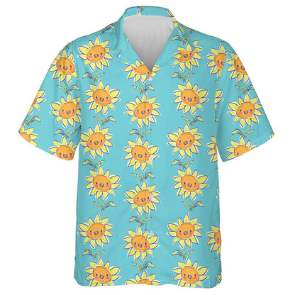 Lovely Smile Sunflower Plants On Blue Background Hawaiian Shirt, Hawaiian Shirt Gift, Christmas Gift