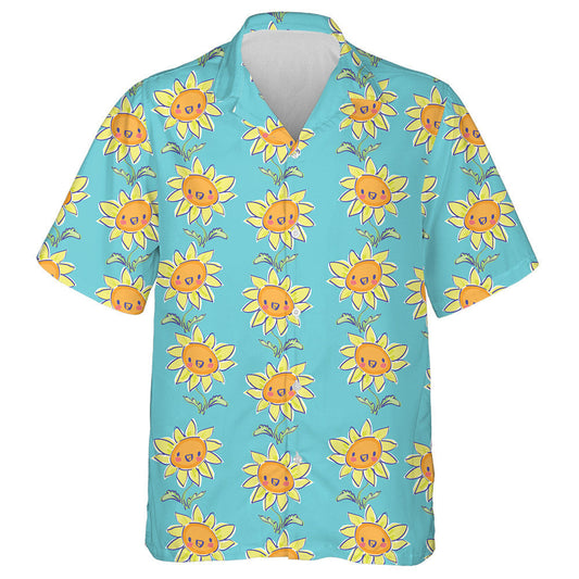 Lovely Smile Sunflower Plants On Blue Background Hawaiian Shirt, Hawaiian Shirt Gift, Christmas Gift