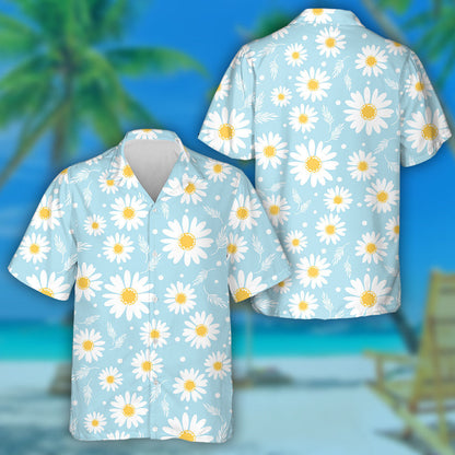 Sketch Small Daisy Flower And Leaves On Blue Background Hawaiian Shirt, Hawaiian Shirt Gift, Christmas Gift