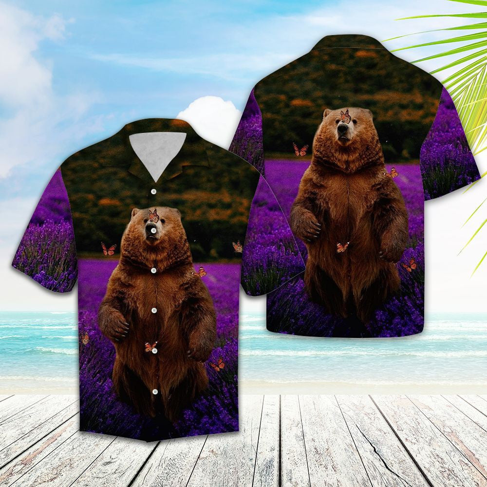 Lovely Bear Standing In Purple Forest Hawaiian Shirt, Hawaiian For Gift