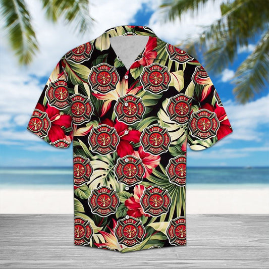 Firefighter Symbol With Red Hibiscus Hawaiian Shirt,Hawaiian Shirt Gift, Christmas Gift
