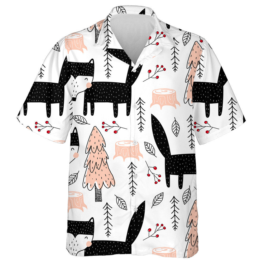 Cute Black Wolf And Tree In Vintage Style Hawaiian Shirt, Hawaiian Shirt Gift, Christmas Gift