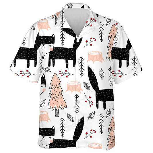 Cute Black Wolf And Tree In Vintage Style Hawaiian Shirt, Hawaiian Shirt Gift, Christmas Gift