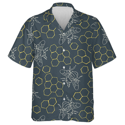 Natural Summer Honeycomb And Bumblebees On Teal Blue Hawaiian Shirt, Hawaiian Shirt Gift, Christmas Gift