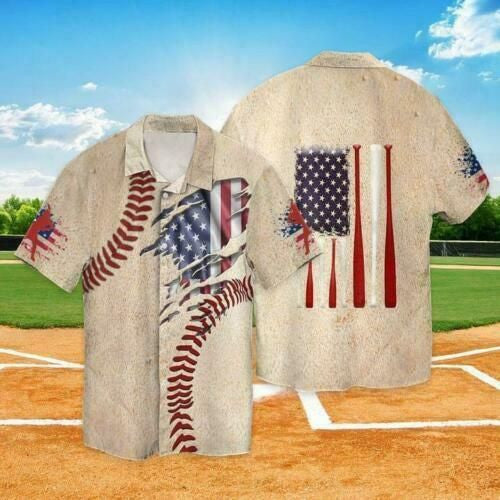 Vintage Baseball And Crack American Flag Design Hawaiian Shirt, Hawaiian Shirt Gift, Christmas Gift
