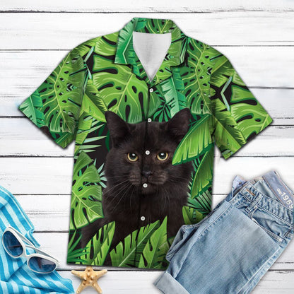 Black Cat Mix Green Palm Leaves Print Hawaiian Shirt, Hawaiian Shirt Gift, Christmas Gift
