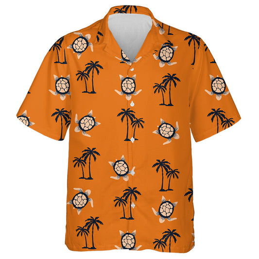 Palmen und Schildkröten auf orange tropischem Hintergrund Hawaiihemd, Hawaiihemd Geschenk, Weihnachtsgeschenk