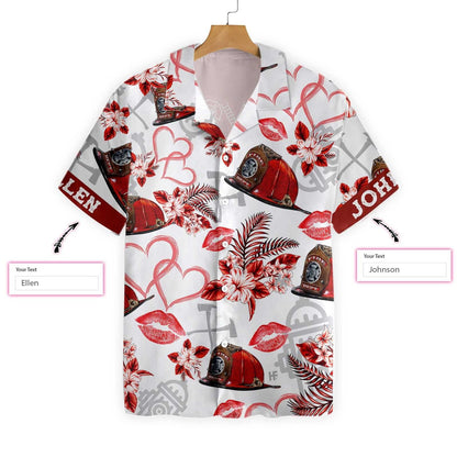 Love Firefighter Valentine Custom Name Hawaiian Shirt, Hawaiian For Gift