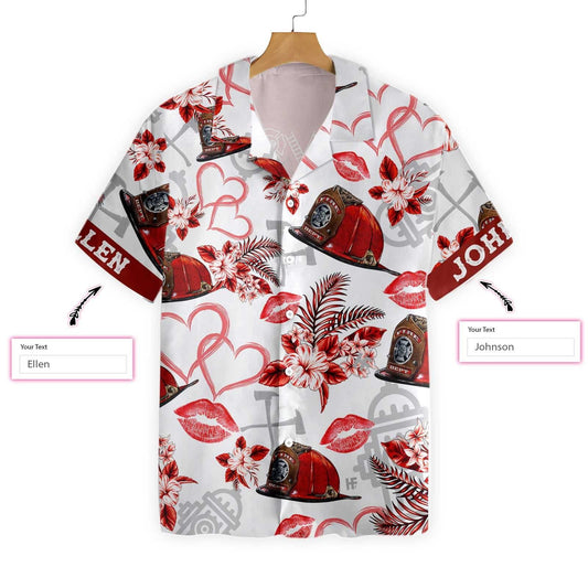 Love Firefighter Valentine Custom Name Hawaiian Shirt, Hawaiian For Gift