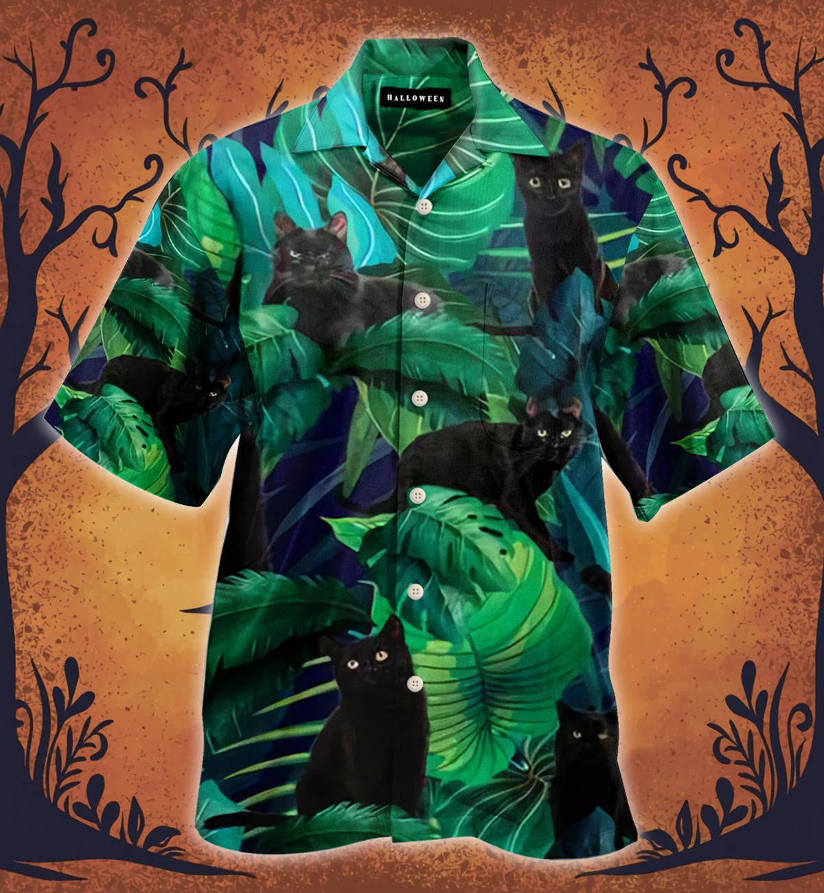 Lovely Black Cat With Tropical Leaves In Dark Night Hawaiian Shirt, Hawaiian Shirt Gift, Christmas Gift