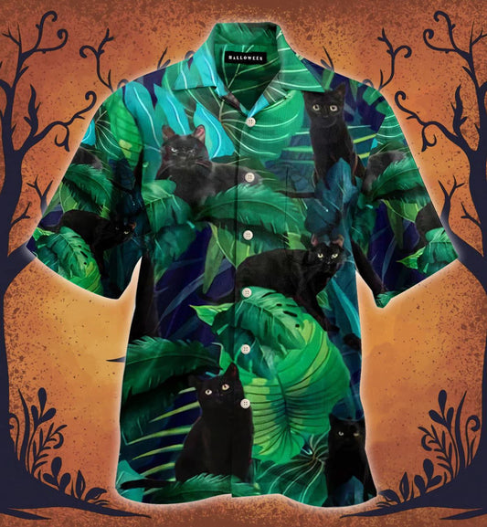 Lovely Black Cat With Tropical Leaves In Dark Night Hawaiian Shirt, Hawaiian Shirt Gift, Christmas Gift