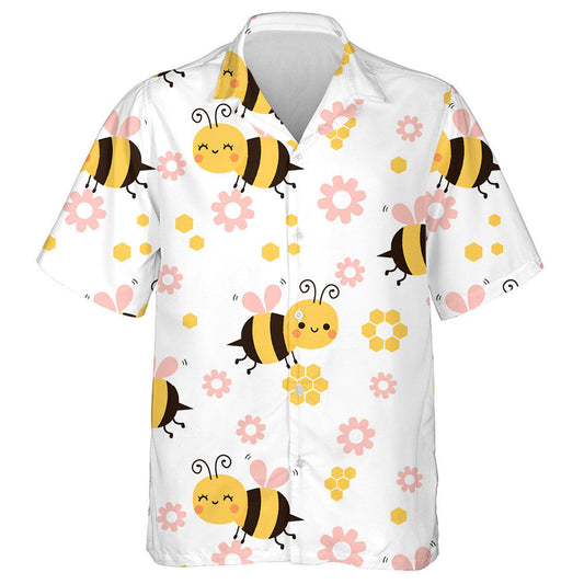 Bee Cartoons And Little Flowers On White Background Hawaiian Shirt, Hawaiian Shirt Gift, Christmas Gift