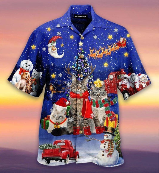 Cat Under Beautiful Christmas Sky Hawaiian Shirt, Hawaiian For Gift