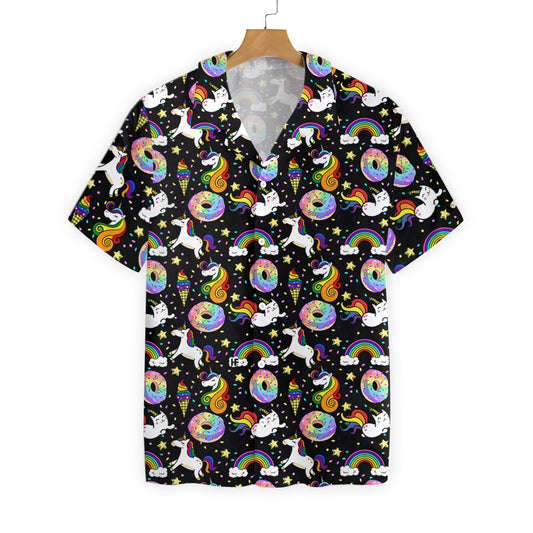 Rainbow Unicorn Kitticorn On Black Background Pattern Hawaiian Shirt, Hawaiian Shirt Gift, Christmas Gift