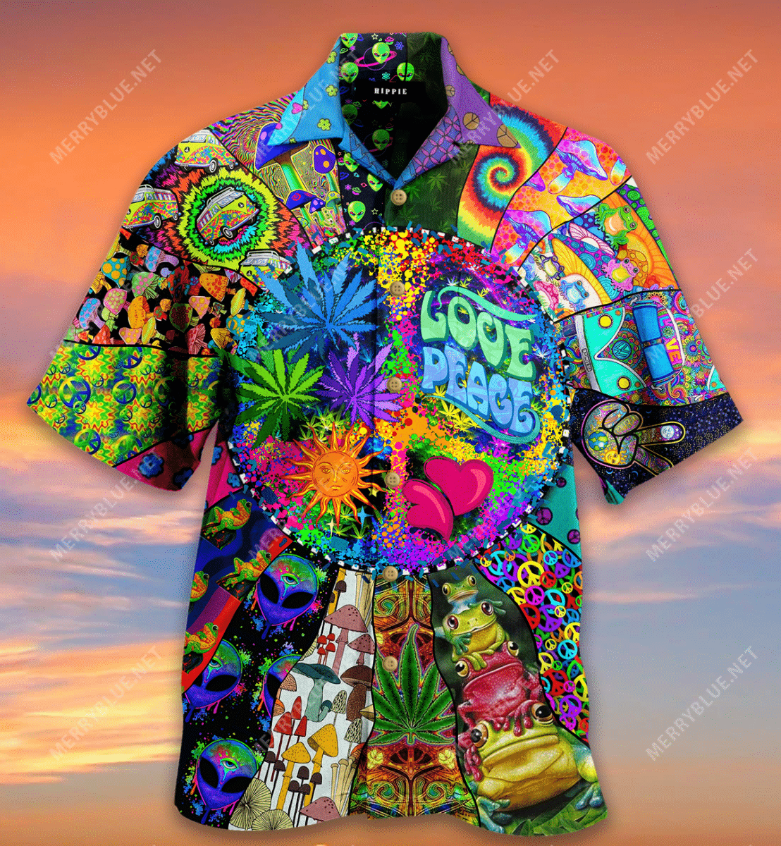 Love Peace & Hippie Hawaiian Aloha Shirt Hawaiian Shorts Beach Short Sleeve, Hawaiian Shirt Gift, Christmas Gift