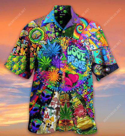 Love Peace & Hippie Hawaiian Aloha Shirt Hawaiian Shorts Beach Short Sleeve, Hawaiian Shirt Gift, Christmas Gift