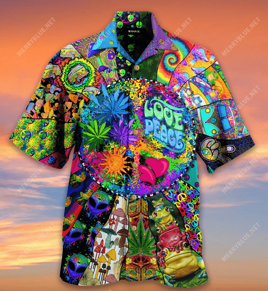 Love Peace & Hippie Hawaiian Aloha Shirt Hawaiian Shorts Beach Short Sleeve, Hawaiian Shirt Gift, Christmas Gift