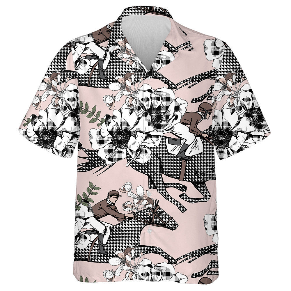 The Running Beautiful Houndstooth Horses And Anemone Flowers Hawaiian Shirt, Hawaiian Shirt Gift, Christmas Gift