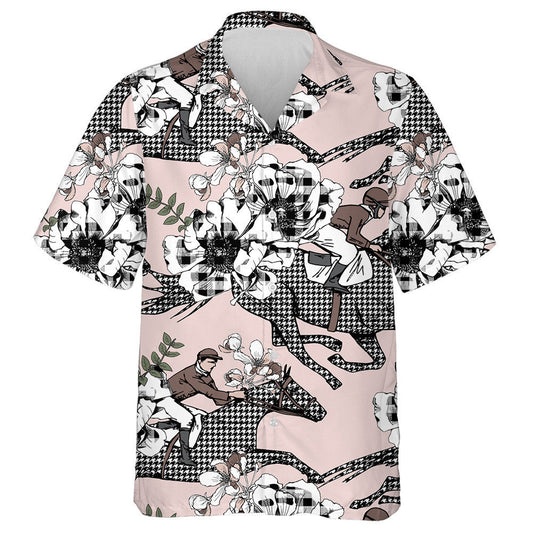 The Running Beautiful Houndstooth Horses And Anemone Flowers Hawaiian Shirt, Hawaiian Shirt Gift, Christmas Gift