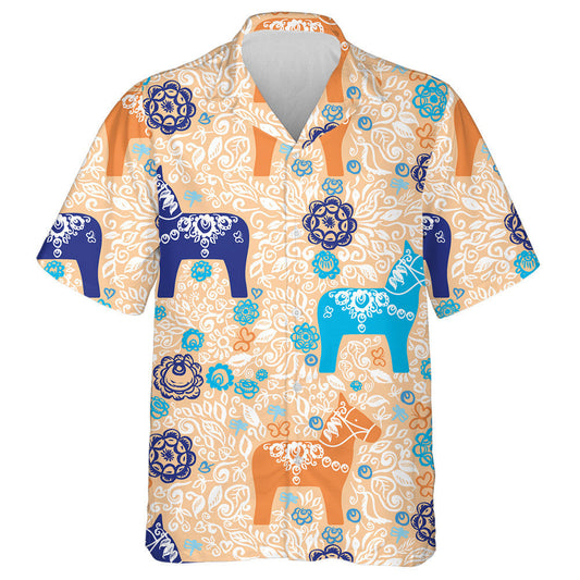 Horse Traditional Blue Green Orange Flowers Leaves Hawaiian Shirt, Hawaiian Shirt Gift, Christmas Gift
