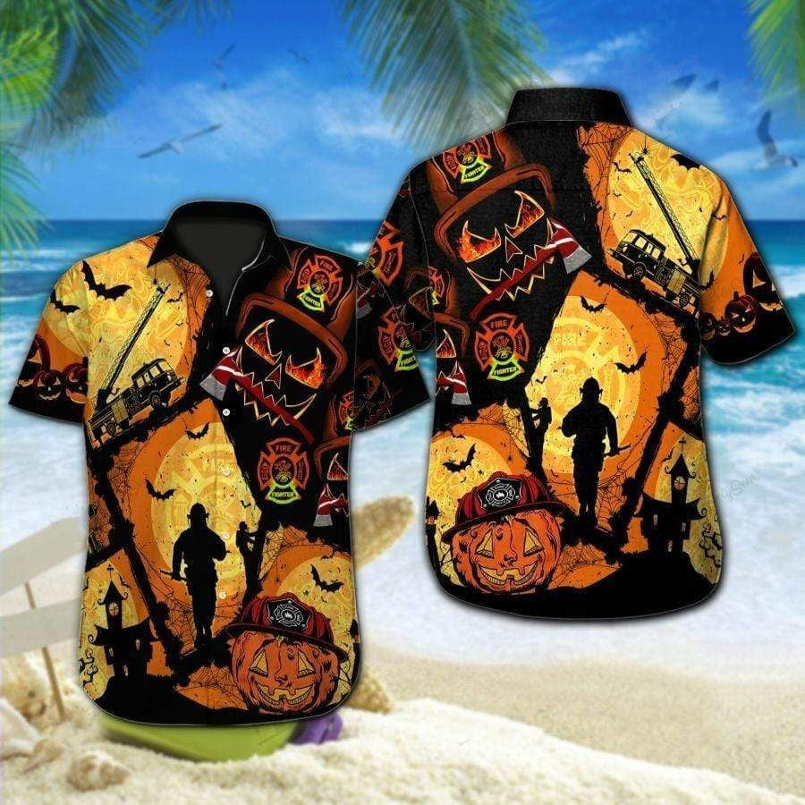Illustration Hawaiian Shirt Carved Pumpkin And Firefighter Halloween, Hawaiian For Gift