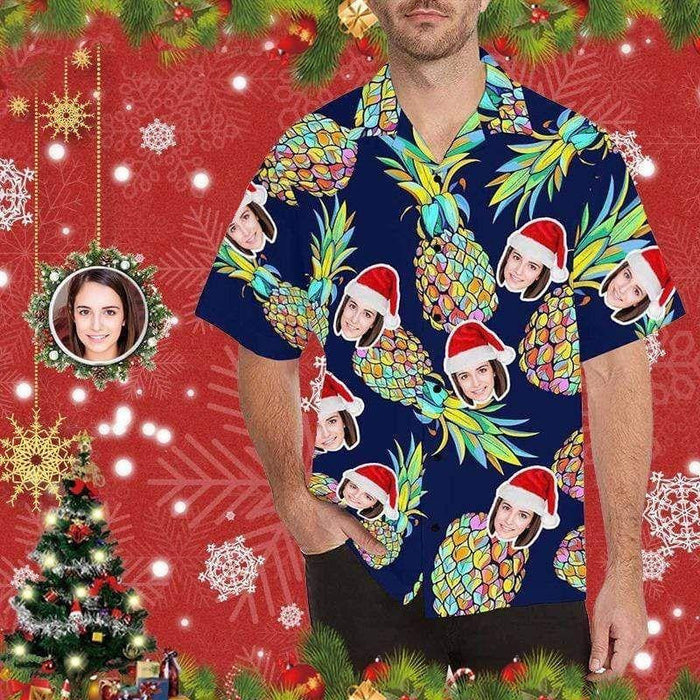 Custom Photo Merry Christmas Pineapple On Red Design Hawaiian Shirt, Hawaiian Shirt Gift, Christmas Gift