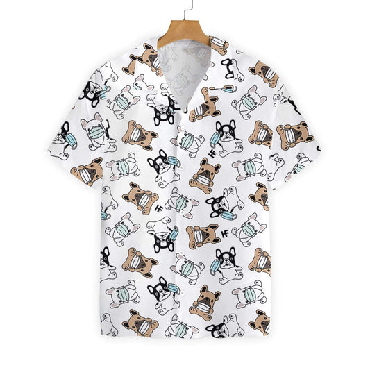 Cute French Bulldog With Face Mask White Background Hawaiian Shirt, Hawaiian Shirt Gift, Christmas Gift