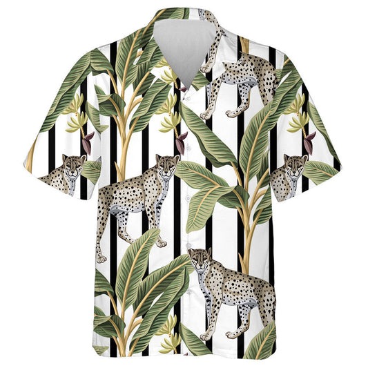 Tropical Banana Trees And Leopard Black And White Striped Hawaiian Shirt, Hawaiian Shirt Gift, Christmas Gift