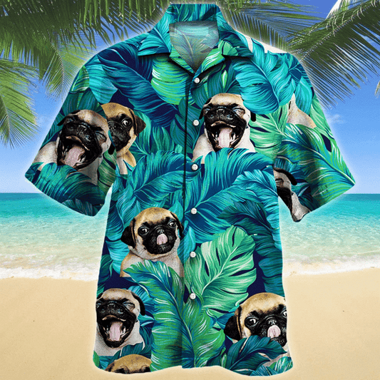 Pug Dog Lovers Gift Tropical Leave Beautiful Design Hawaiian Shirt, Hawaiian Shirt Gift, Christmas Gift