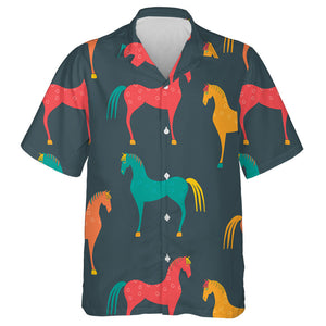 Wild Horses In Bright Colors On Dark Hawaiian Shirt, Hawaiian Shirt Gift, Christmas Gift