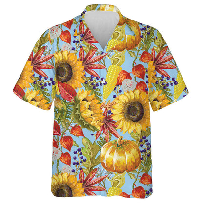 Hello Autumn Season Elements With Pumkin Sunflower And Leaves Hawaiian Shirt, Hawaiian Shirt Gift, Christmas Gift
