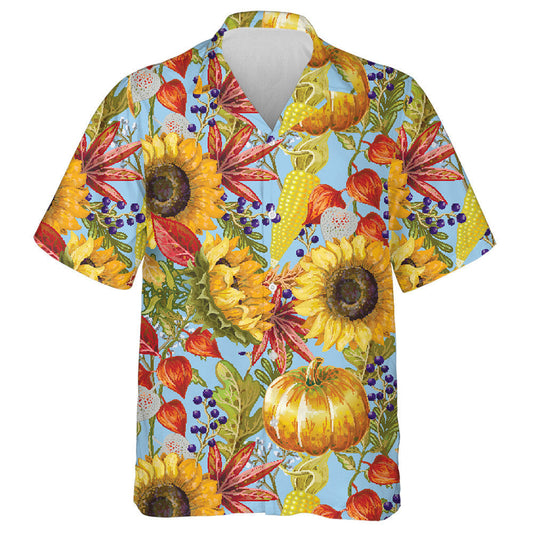Hello Autumn Season Elements With Pumkin Sunflower And Leaves Hawaiian Shirt, Hawaiian Shirt Gift, Christmas Gift