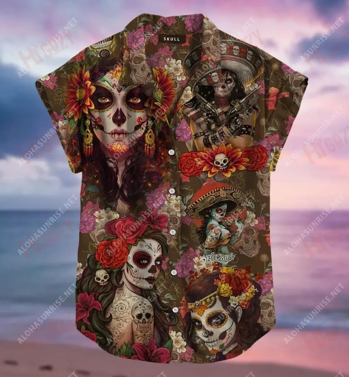 Day Of The Dead Sugar Skull Short Hawaiian Shirt Summer Short Sleeve Tactical Hawaiian Shirt Hawaiian Shirt Pattern, Hawaiian Shirt Gift, Christmas Gift