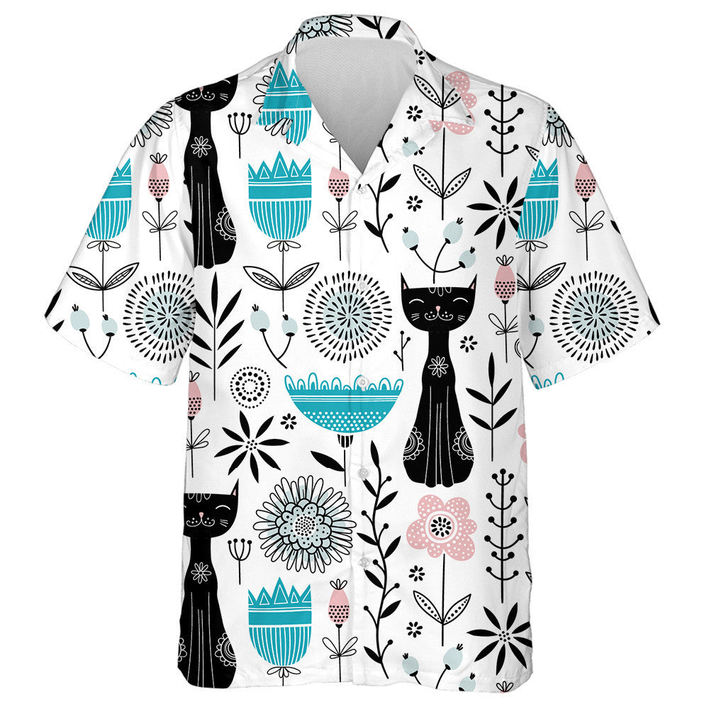 Cute Black Cats And Flowers Retro Style Hawaiian Shirt, Hawaiian Shirt Gift, Christmas Gift